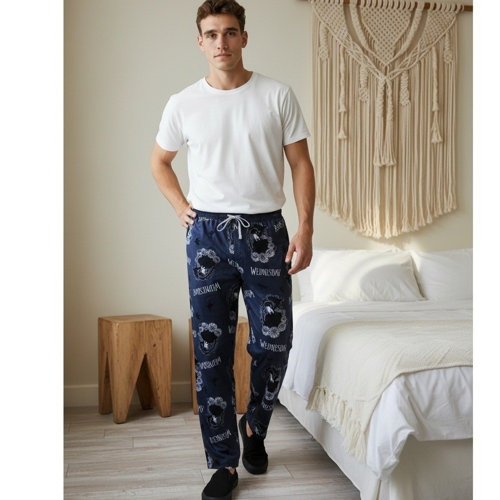 Mad Engine S Wednesday Addams Pajama Pants Black Goth Lounge Bottoms Unisex NEW - Picture 3 of 11